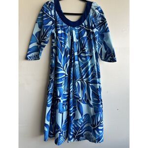 T & L Muumuu Factory Blue Tropical Floral Dress Womens Size 7/8 Made in Hawaii